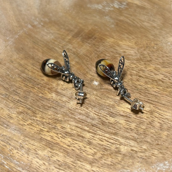 Amber Wasp 925 Sterling Silver Dangle Earrings - Picture 2 of 14